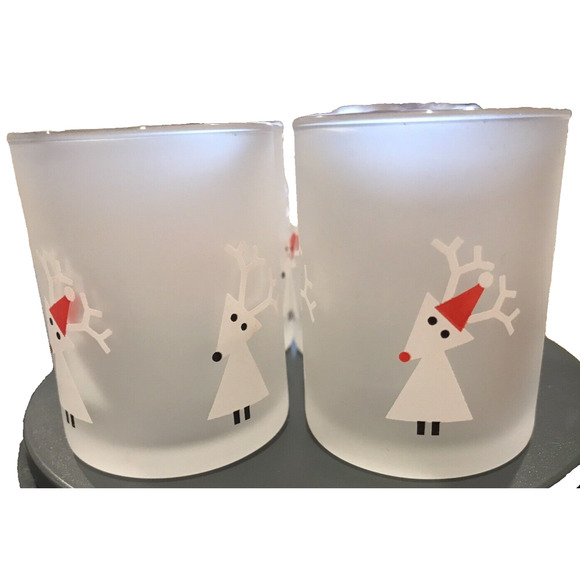 Set of 4 Frosted Glass Tea Light Holders by CRATE & BARREL Snow Deer w/Red Hats. - Picture 2 of 4